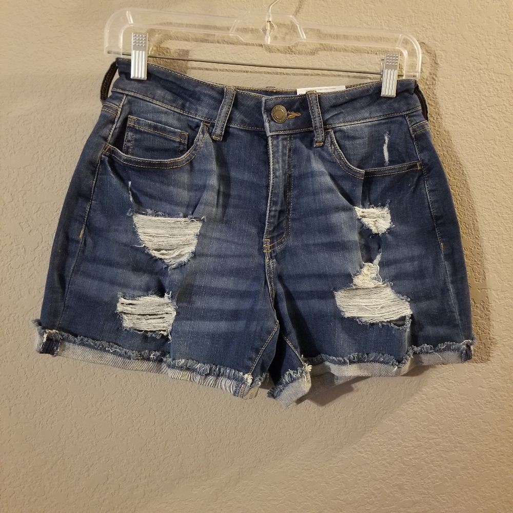 SO Juniors New High Rise Curvy Midi Blue  Jean Shorts Destroyed Size 9/29W NWT